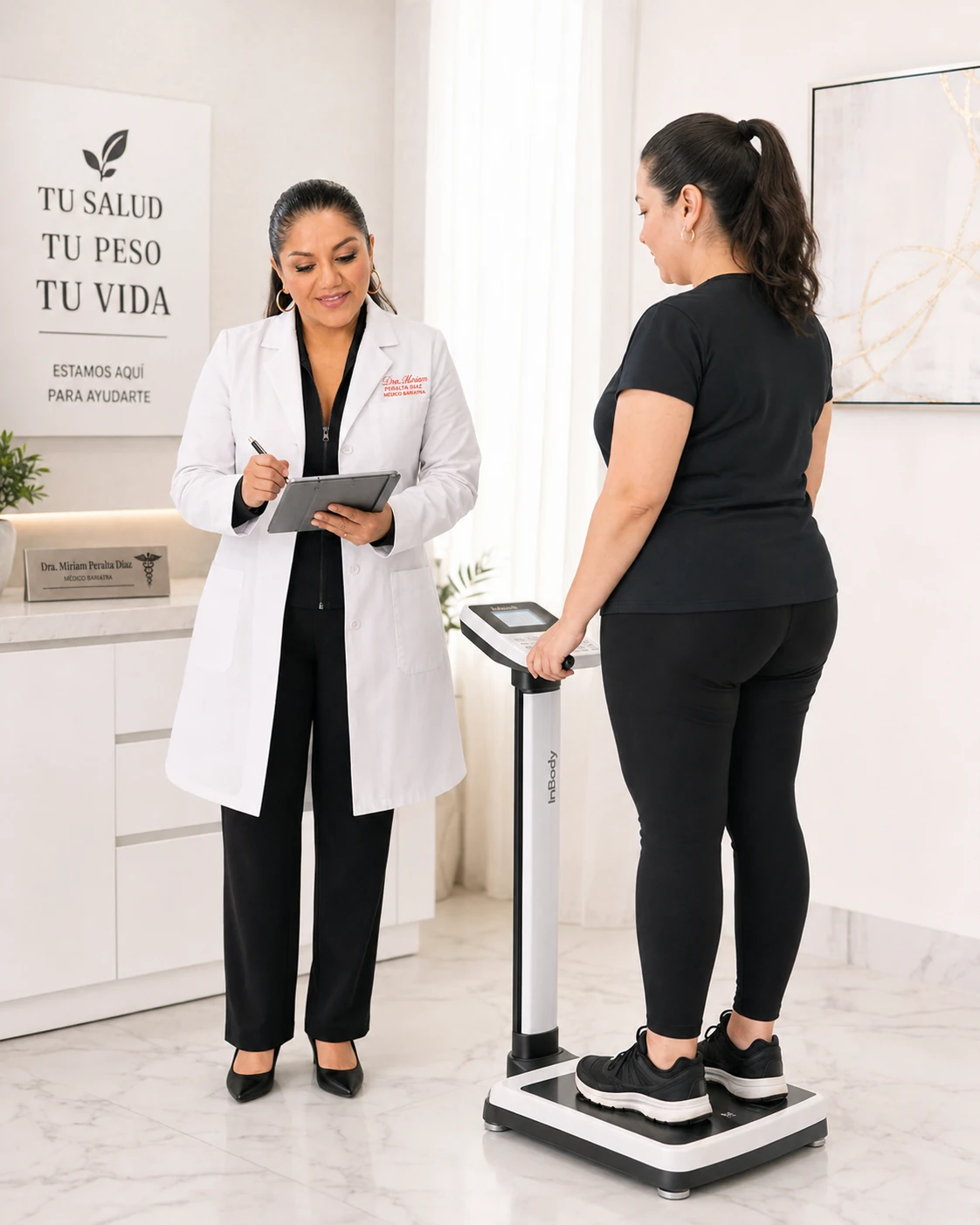 Dra. Miriam atendiendo a una paciente en evaluación clínica